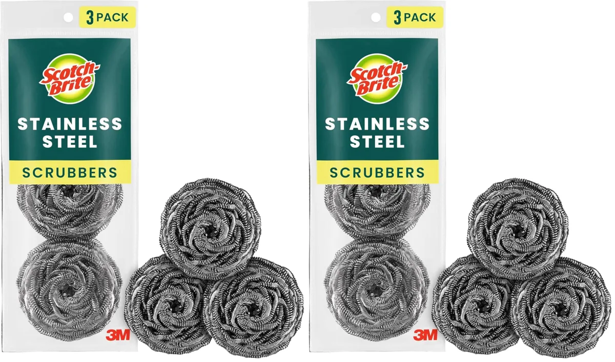 Three stainless steel scrubbers in rectangular pack, silver metallic finish
