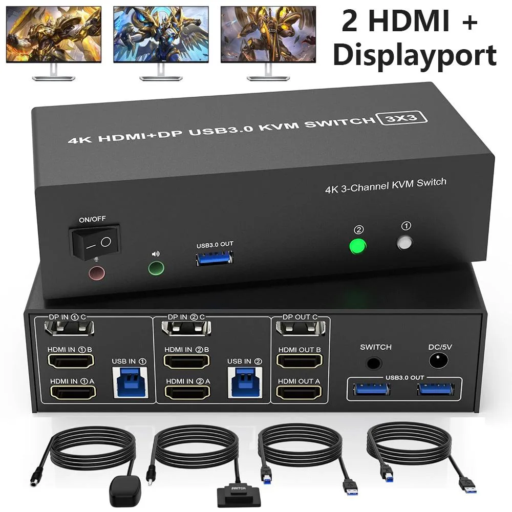 Hitoor Hitoor Triple Monitor KVM Switch 2 HDMI + DP 4K@60Hz 2 Computers — product photo