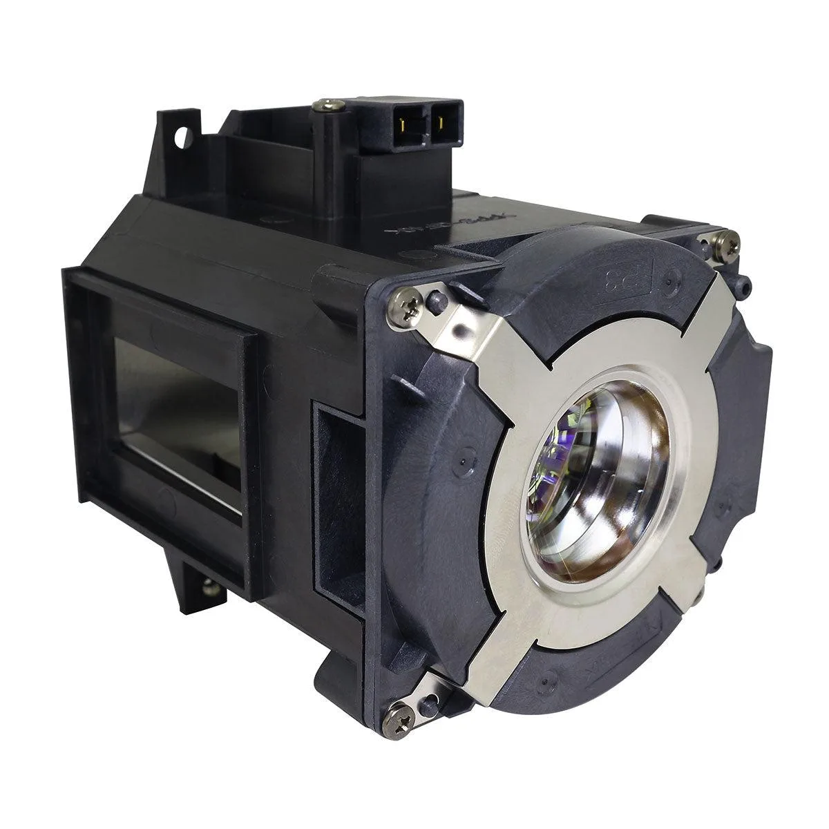 Rectangular projector lamp module in black plastic housing with metal connector and clear glass bulb visible