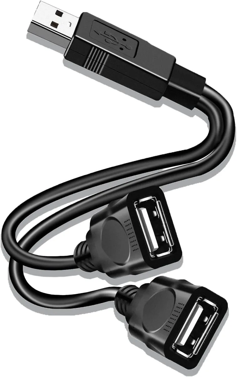 Black USB 2.0 Type A Y-splitter cable with one male to two female ports