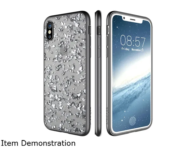 Transparent slim case with visible platinum shavings inside, fits iPhone X
