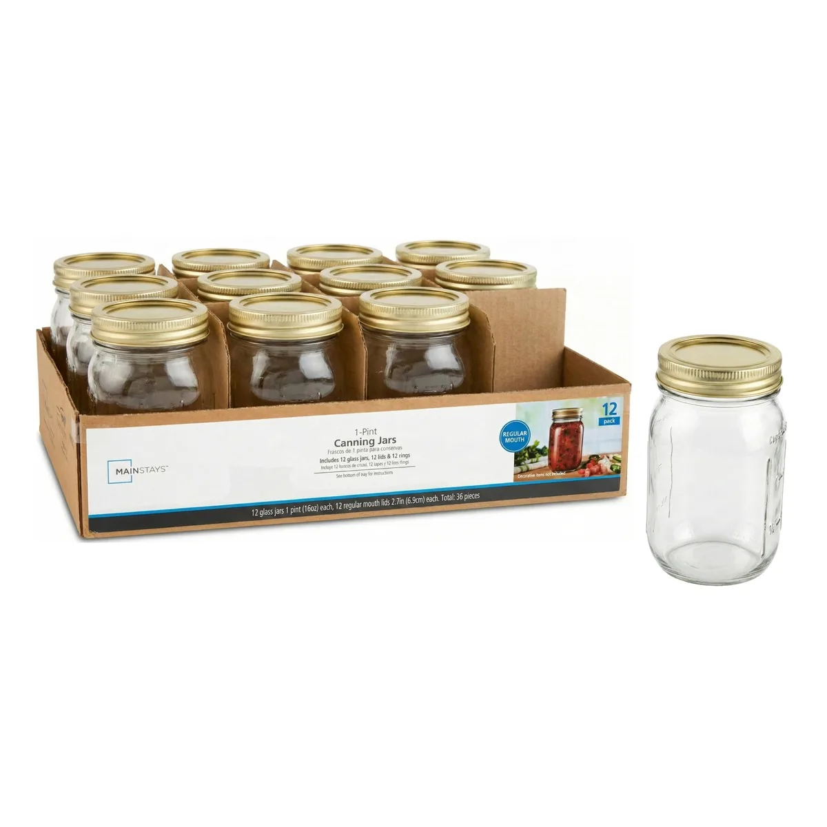 Mainstays Mainstays 16 oz Regular Mouth Mason Jars 12-Pack Gold Lids — product photo