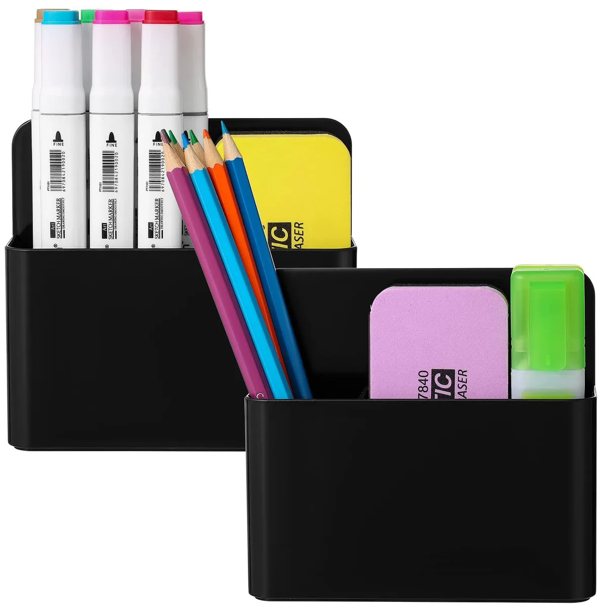 Two black magnetic pen holders with adjustable dividers, metal finish, tabletop mount