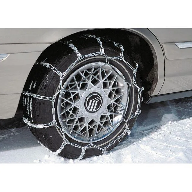 A pair of silver steel tire chains with square cross-section links and cam tensioners