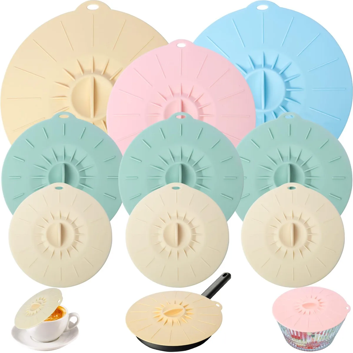 Nine colourful round silicone lids with grip handles, sizes from four to ten inches