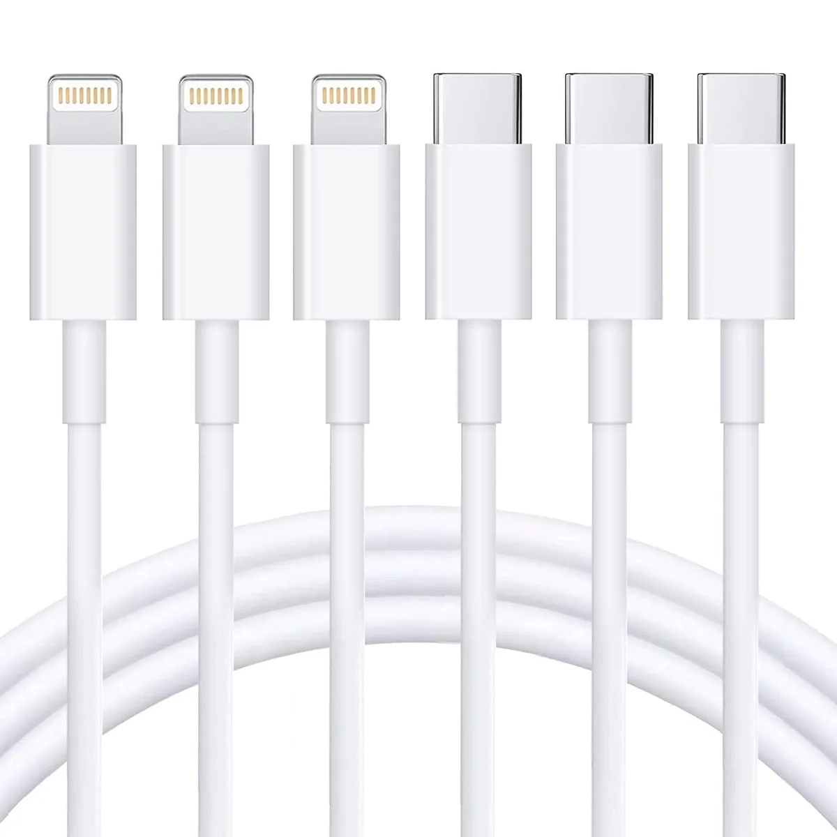 Three white USB-C to Lightning cables coiled together, each ten feet long