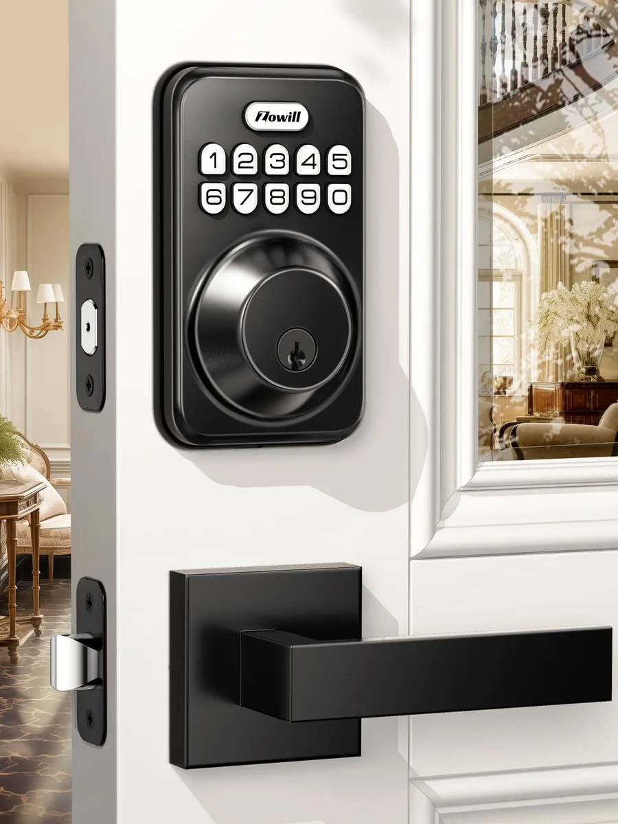 Matte black keyless door lock with two lever handles and numeric keypad
