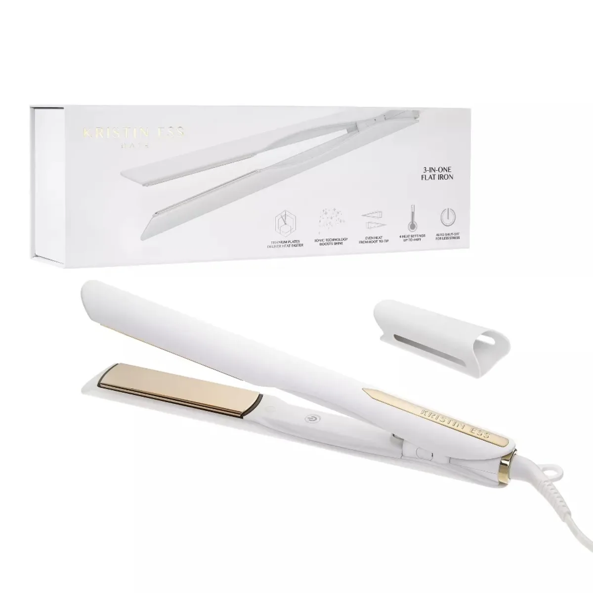 White titanium hair styler with rounded plates, digital display and travel cap