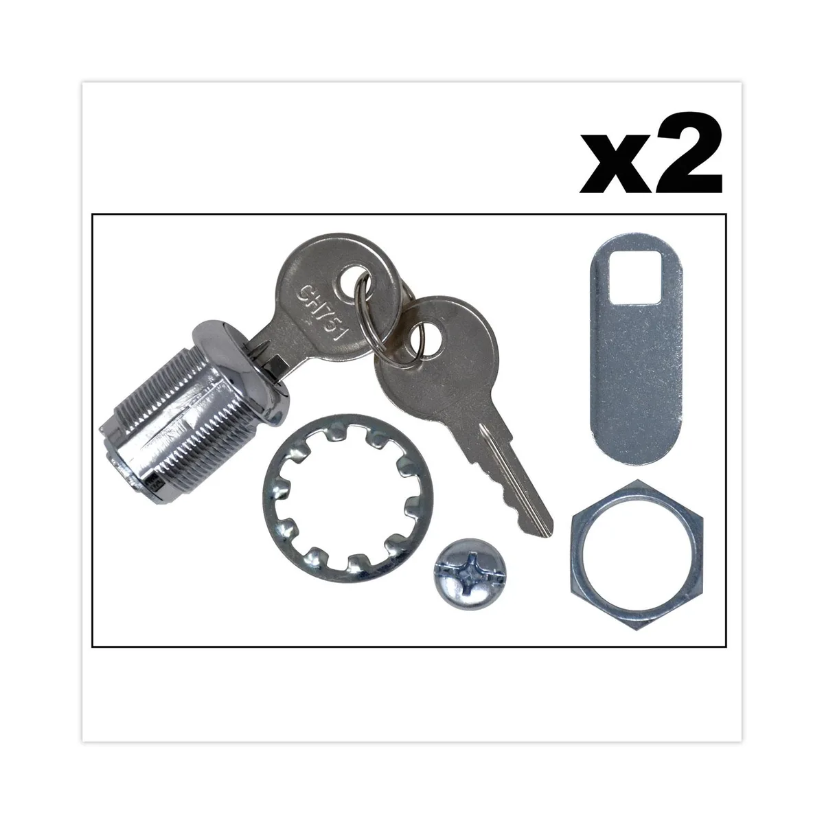 Silver steel replacement lock kit with two locks, washers, latches, caps and four keys
