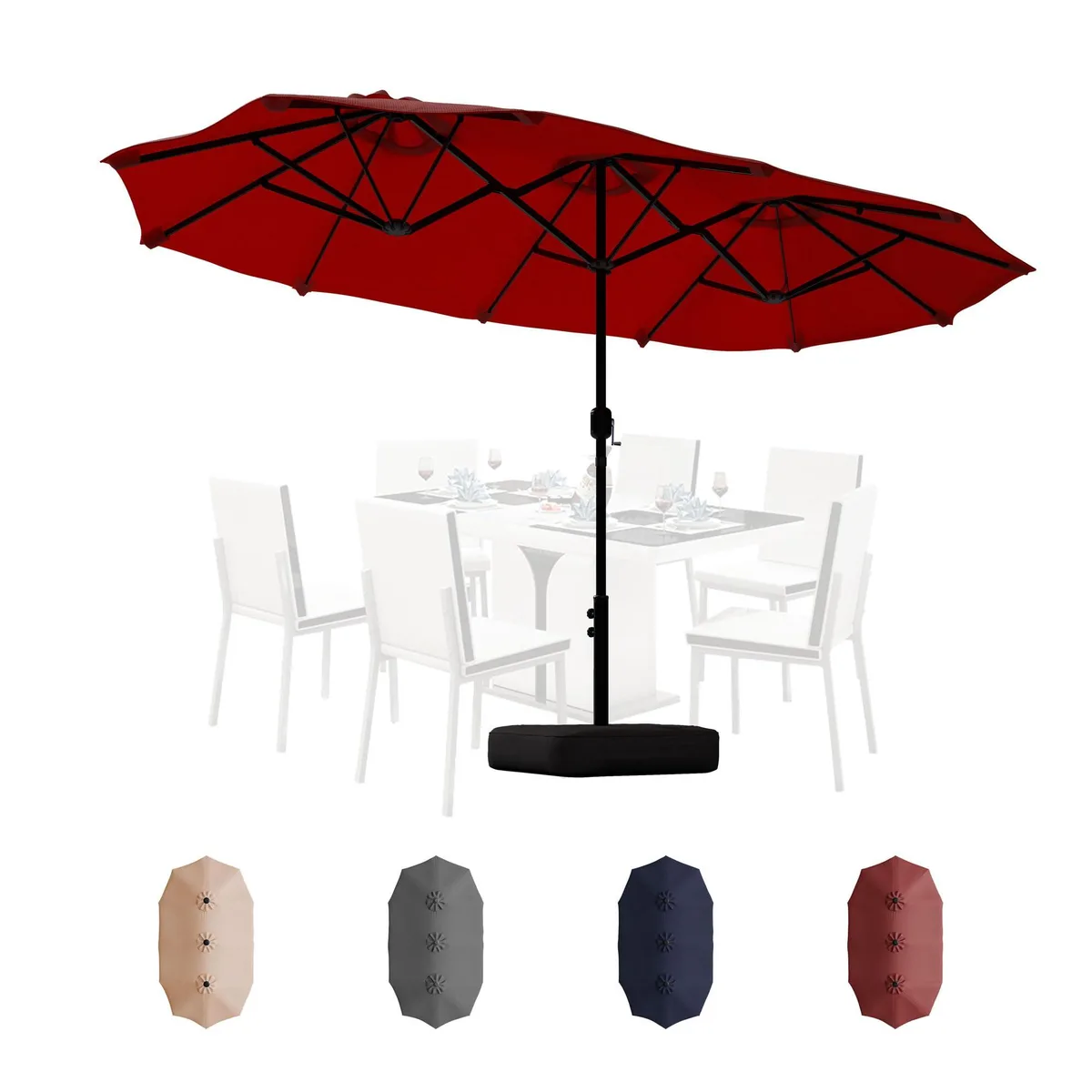 Red rectangular patio umbrella with crank handle and included base, 13ft canopy, alloy steel frame