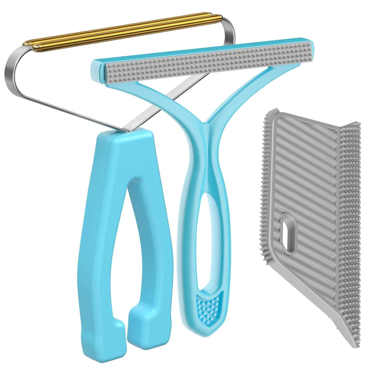Three pet hair removers: copper rake, plastic shaver, rubber brush on card