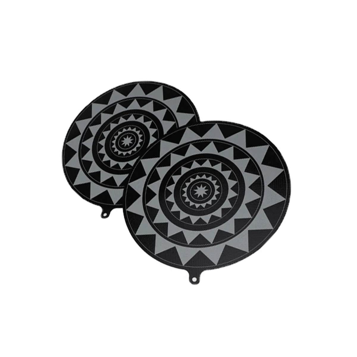 Two thin black silicone circles 7in wide with hanging holes