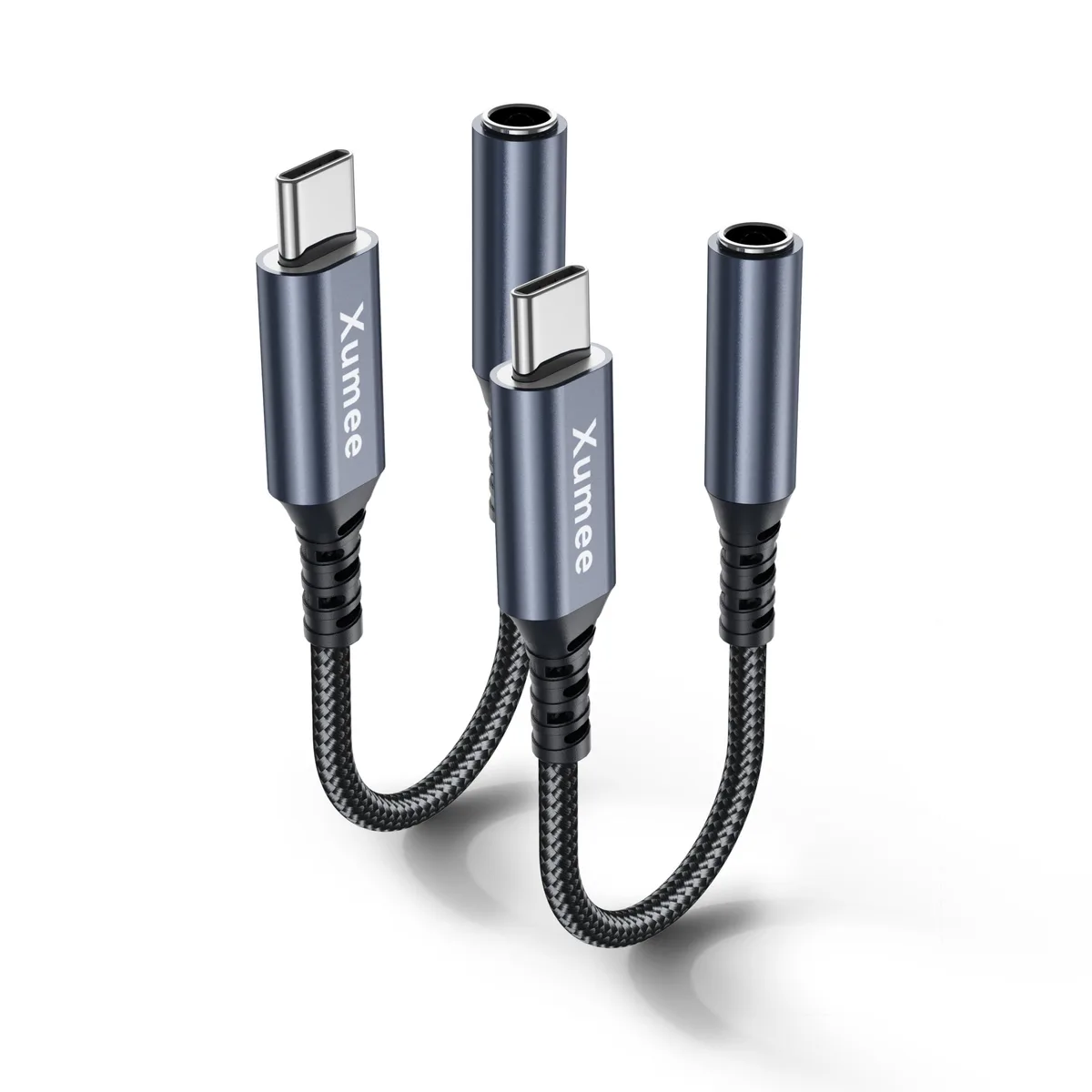 Two USB-C to 3.5 mm audio adapters with aluminium shells and short cables