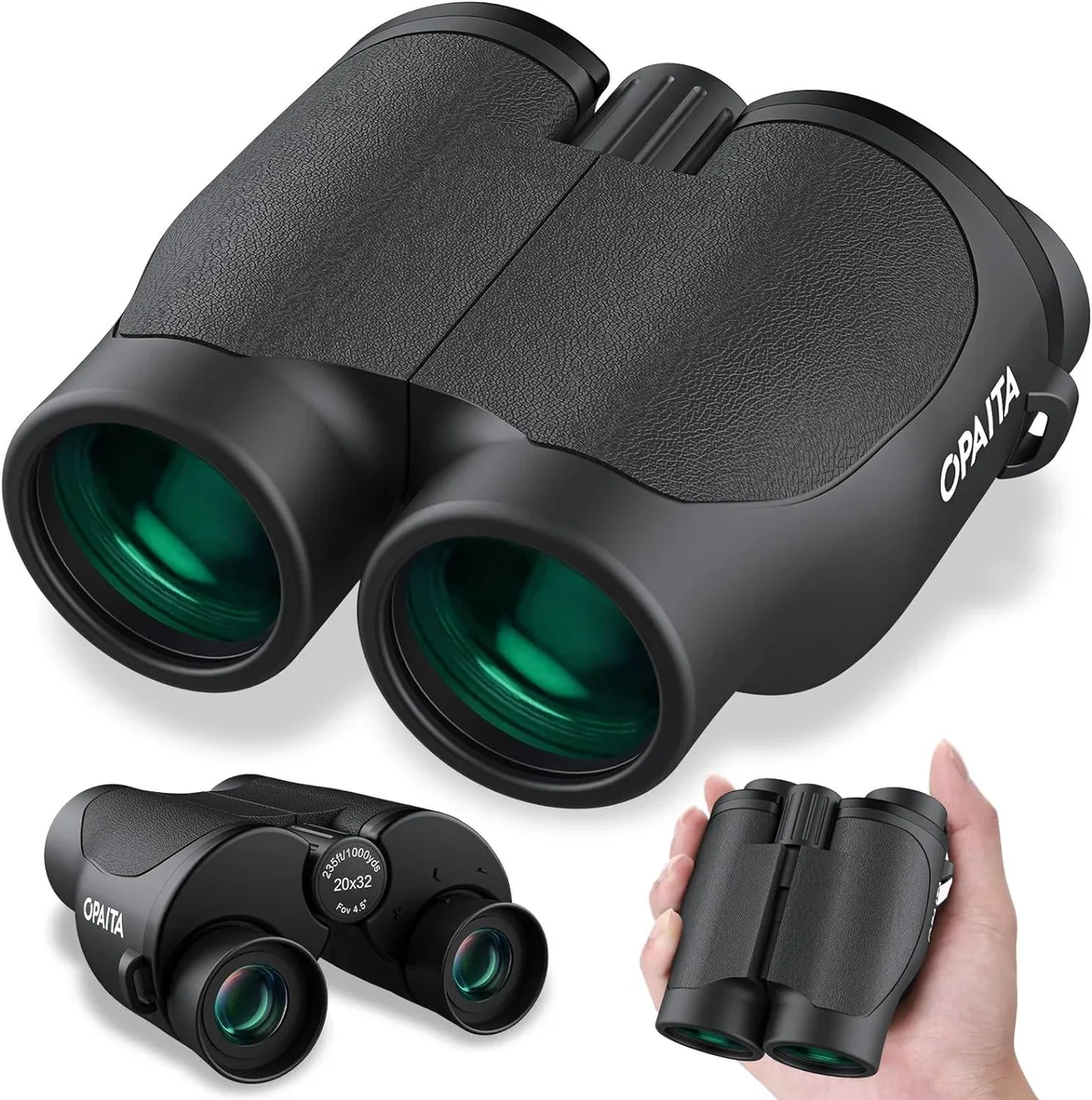 Compact black binoculars with silver accents and textured grip