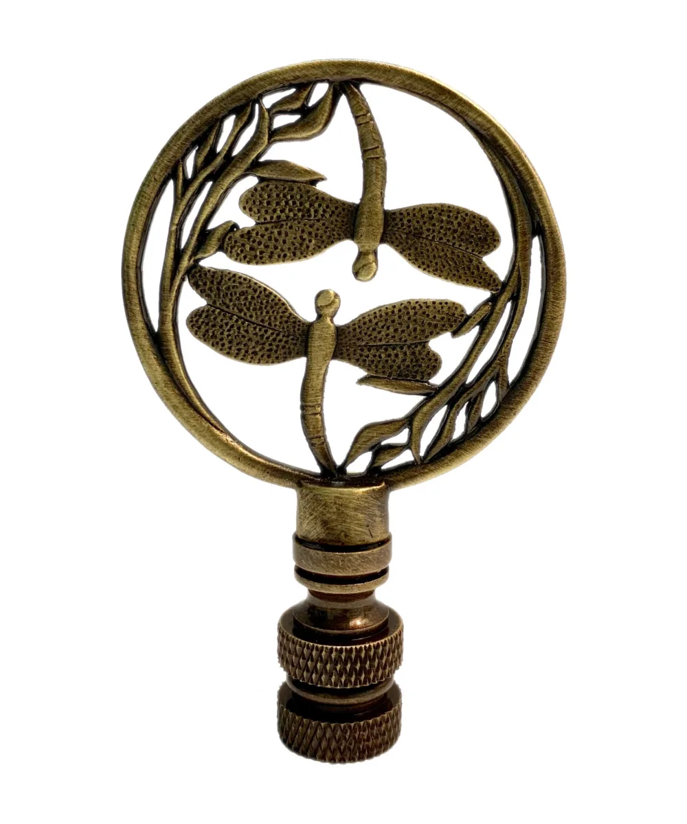 Antique brass double dragonfly lamp finial, three inches tall, one point two five inches wide