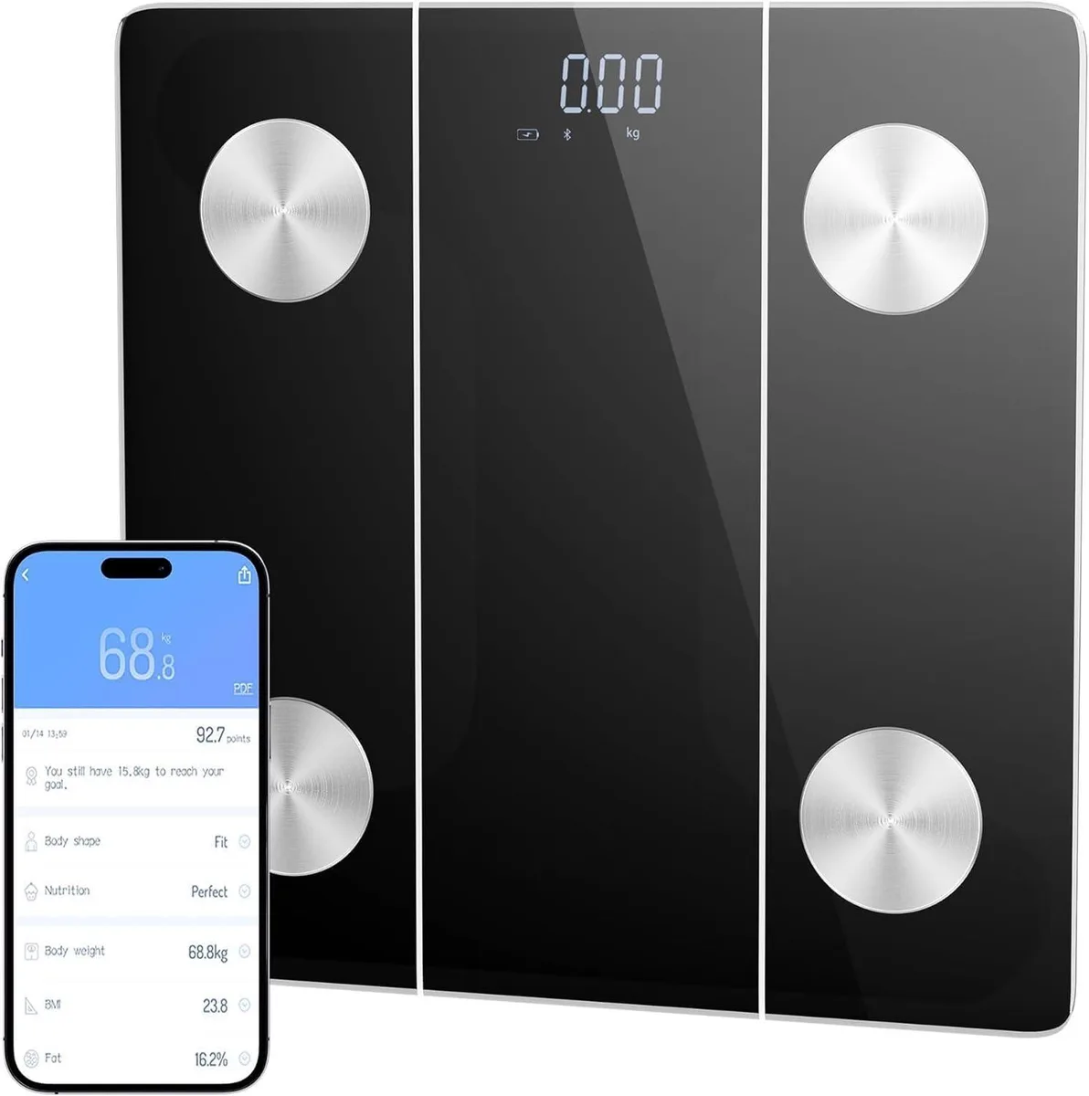 Black digital bath scale with tempered glass platform and LED display
