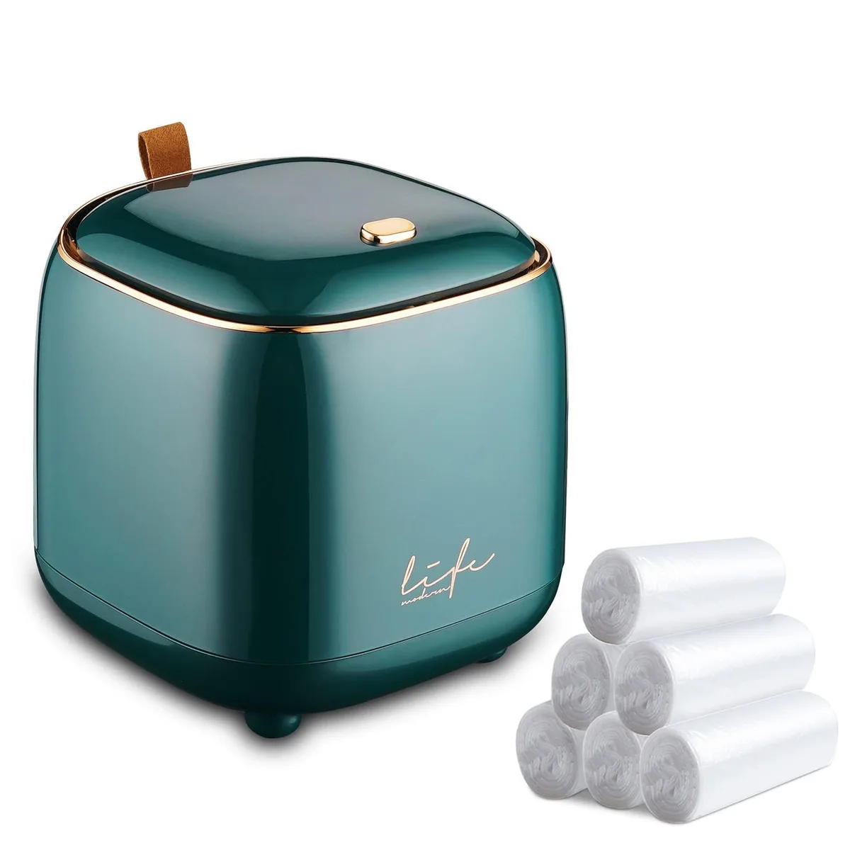 Three small white plastic bins with lids and 180 bags
