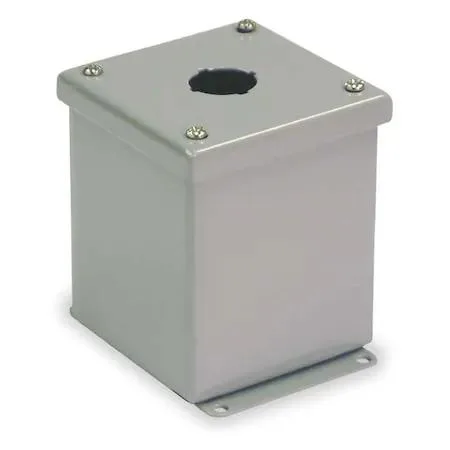 Gray carbon steel pushbutton enclosure, single 30 mm hole, extra deep, captive cover screws