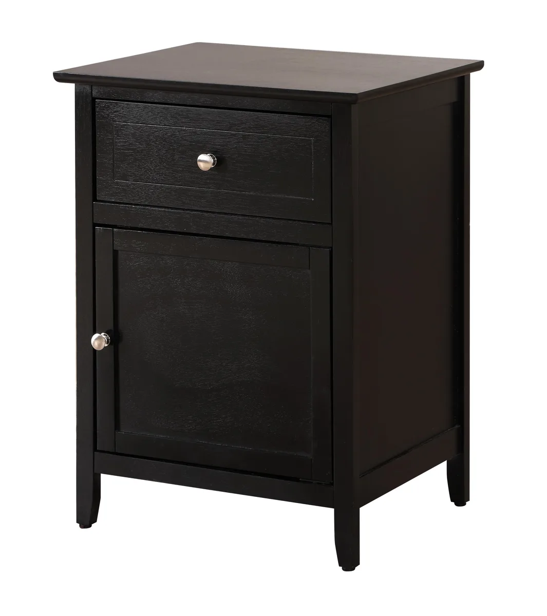 Black particle board nightstand with drawer and cabinet door, 25H 19W 15D