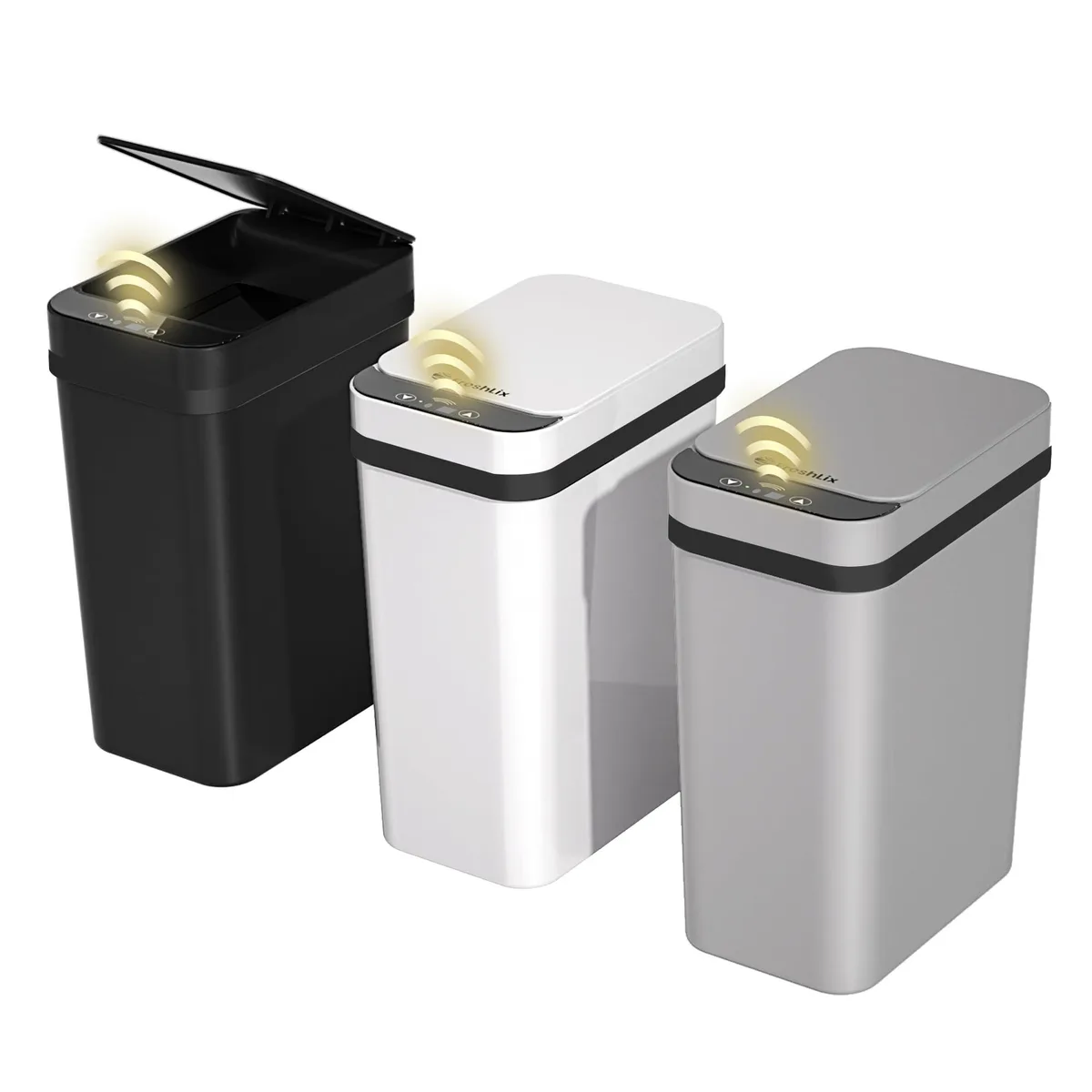 Three slim touchless bins in white black grey 2.6 gal each IPX5 waterproof