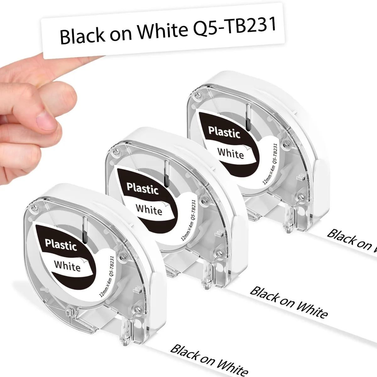 Three white label tape cassettes with black thermal print surface, 12mm wide
