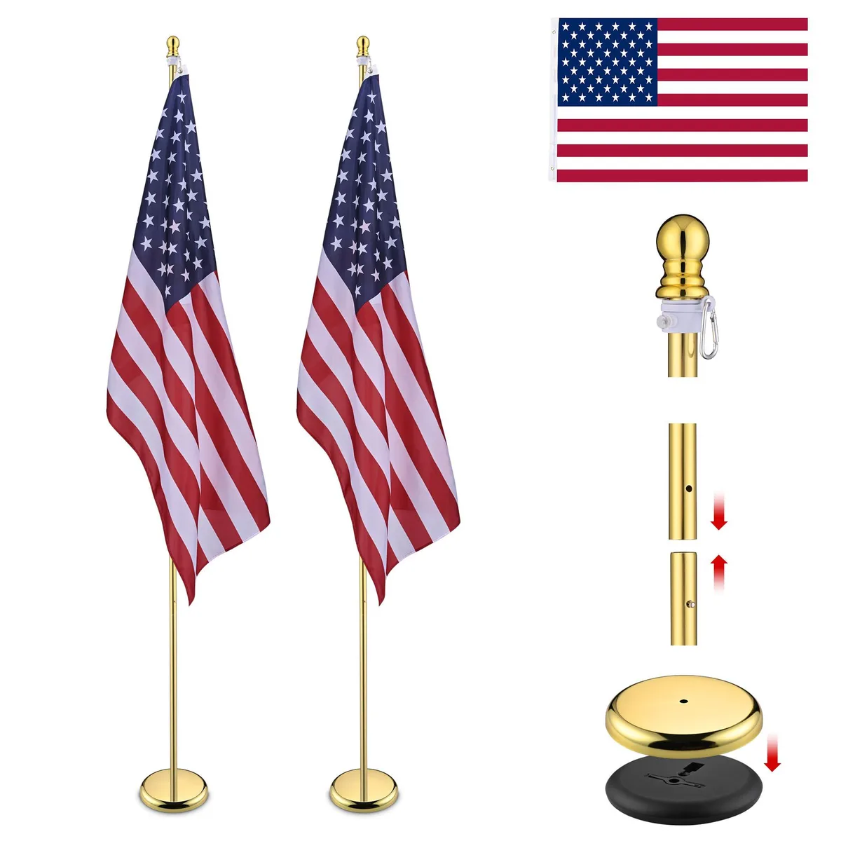 Yescom USA, Inc. Yescom USA, Inc. 22FLP014-8FT-G-BALLX2 Flag Pole Kit 2 Pack 8 Ft Gold Ball Finial 3x5 Ft US Flag Indoor — product photo