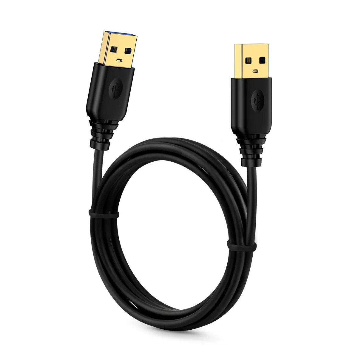 Black USB-A to USB-A cable with braided jacket and velcro strap, ten feet long