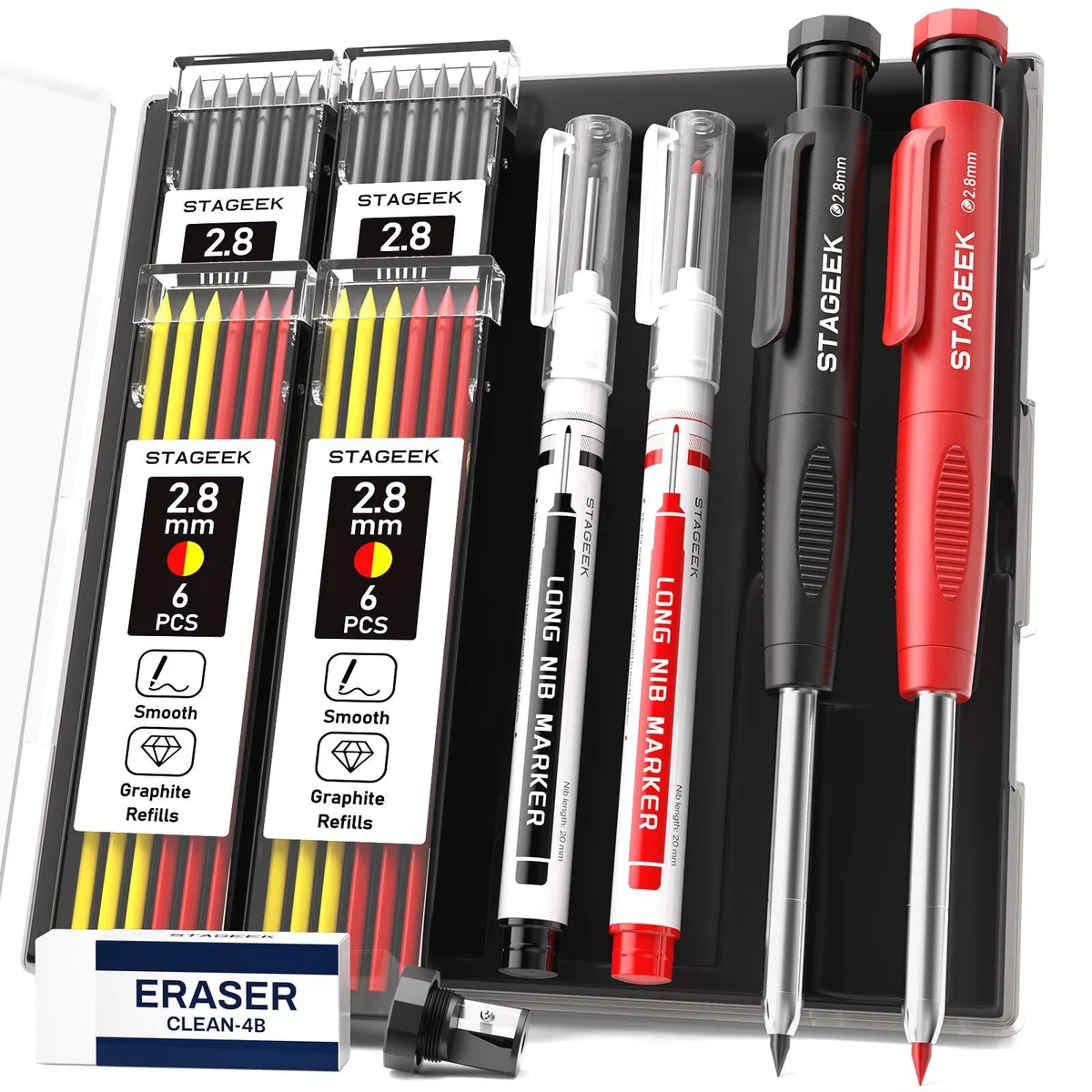 Red and black carpenter pencil set in plastic storage case with sharpener and eraser