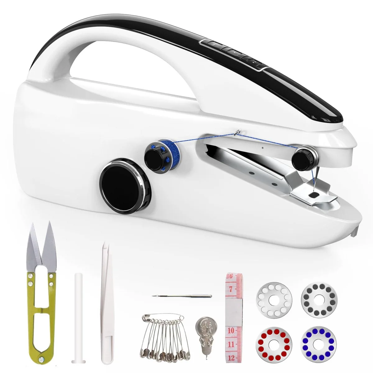 White handheld sewing machine, compact rectangular shape with curved grip, smooth glossy finish