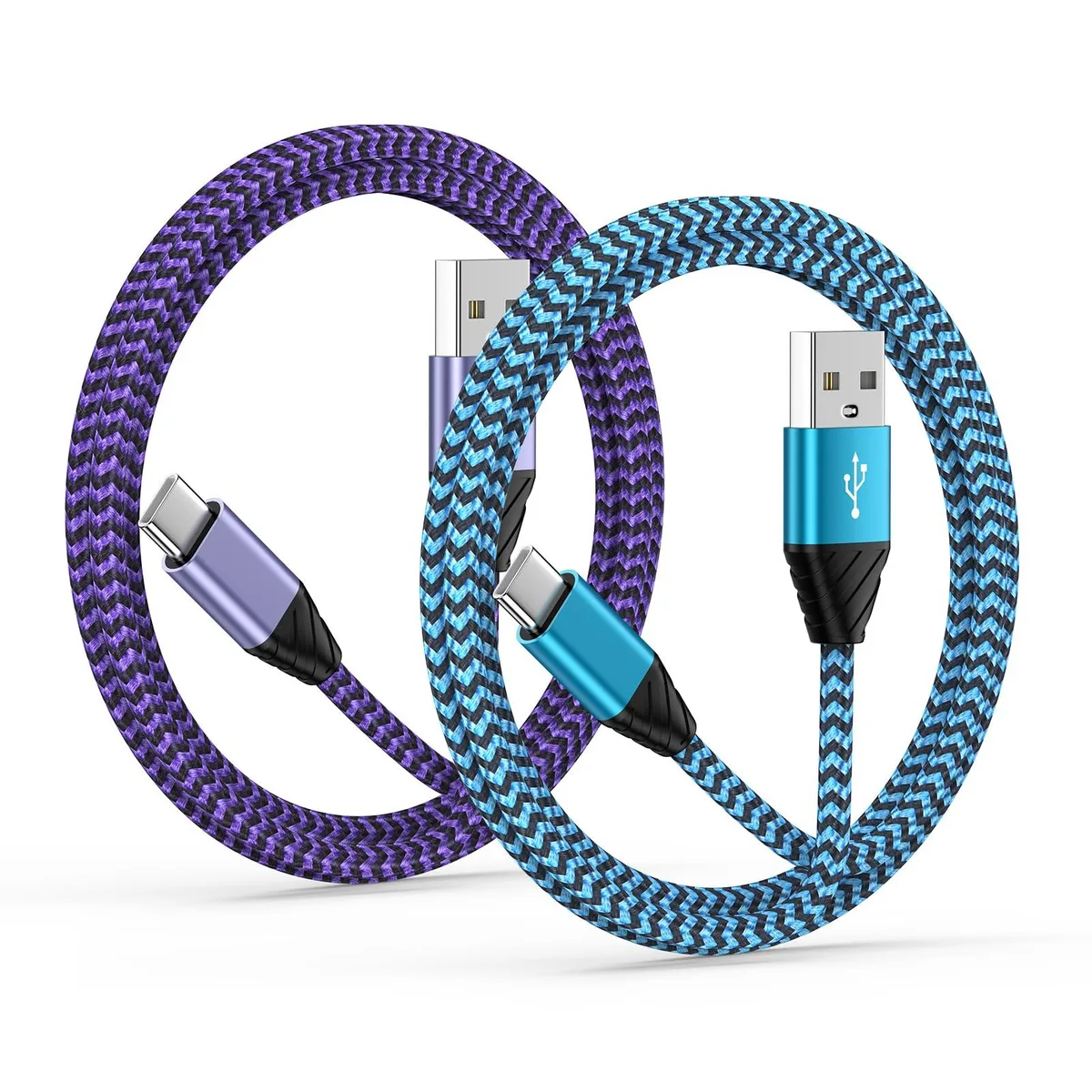 Two braided USB-A to USB-C cables, three feet each, male-to-male connectors