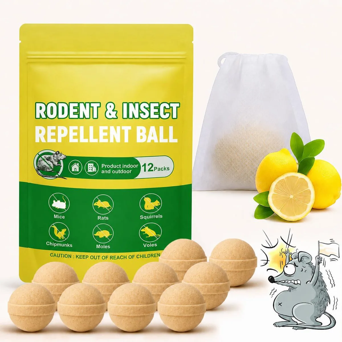 Twelve white spherical repellent balls in a pack