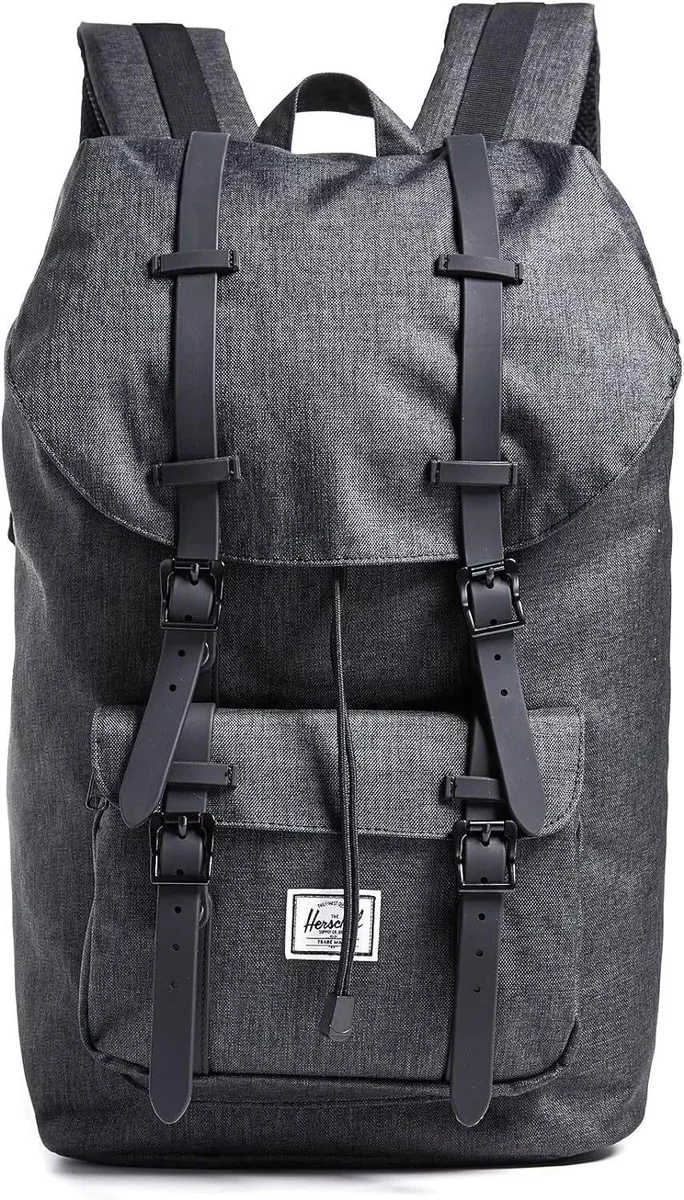 Herschel Little America backpack, crosshatch black fabric, leather strap details, 17L capacity