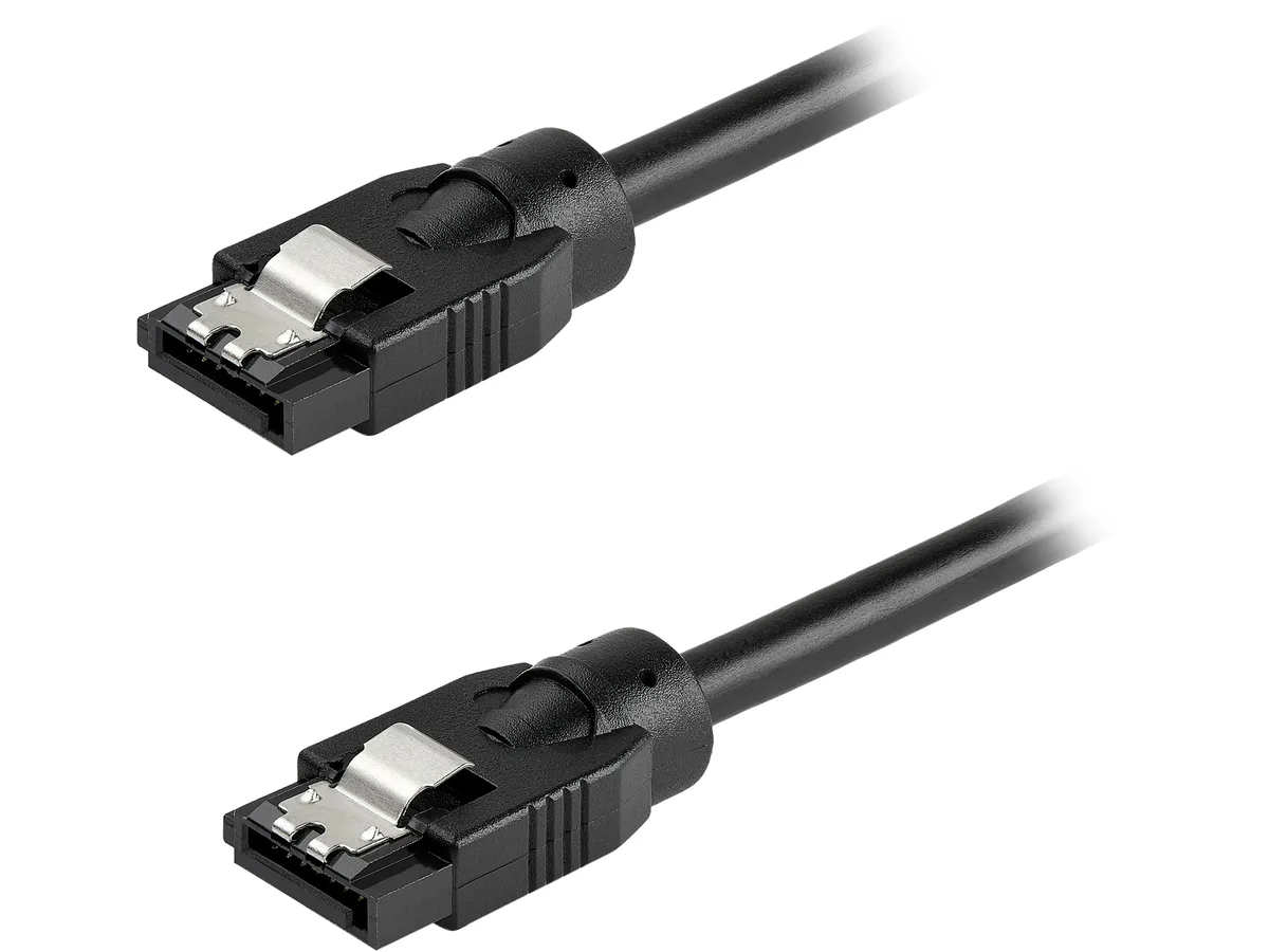Black round SATA cable with straight latching connectors, 24 inch length