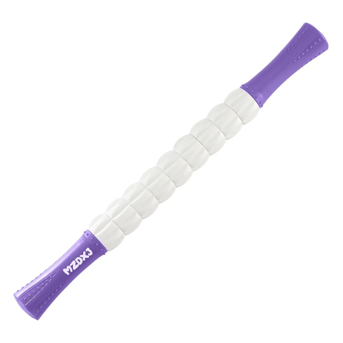 Purple and white 18 inch handheld massage roller stick with textured surface