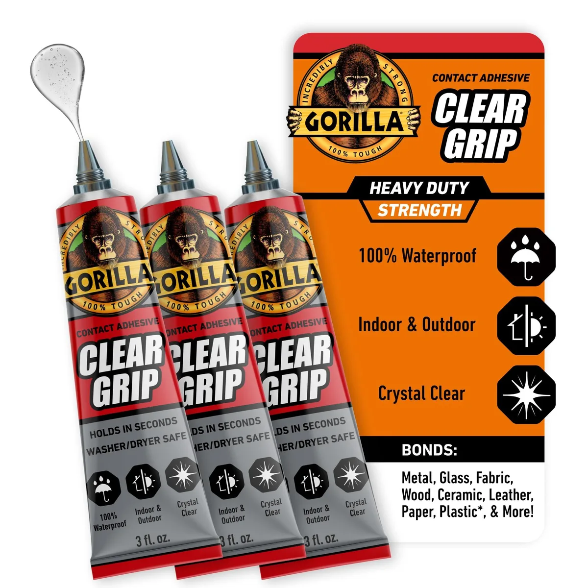 Gorilla 115977 Clear Grip Waterproof Contact Adhesive 3 oz Tube 3-Pack — product photo