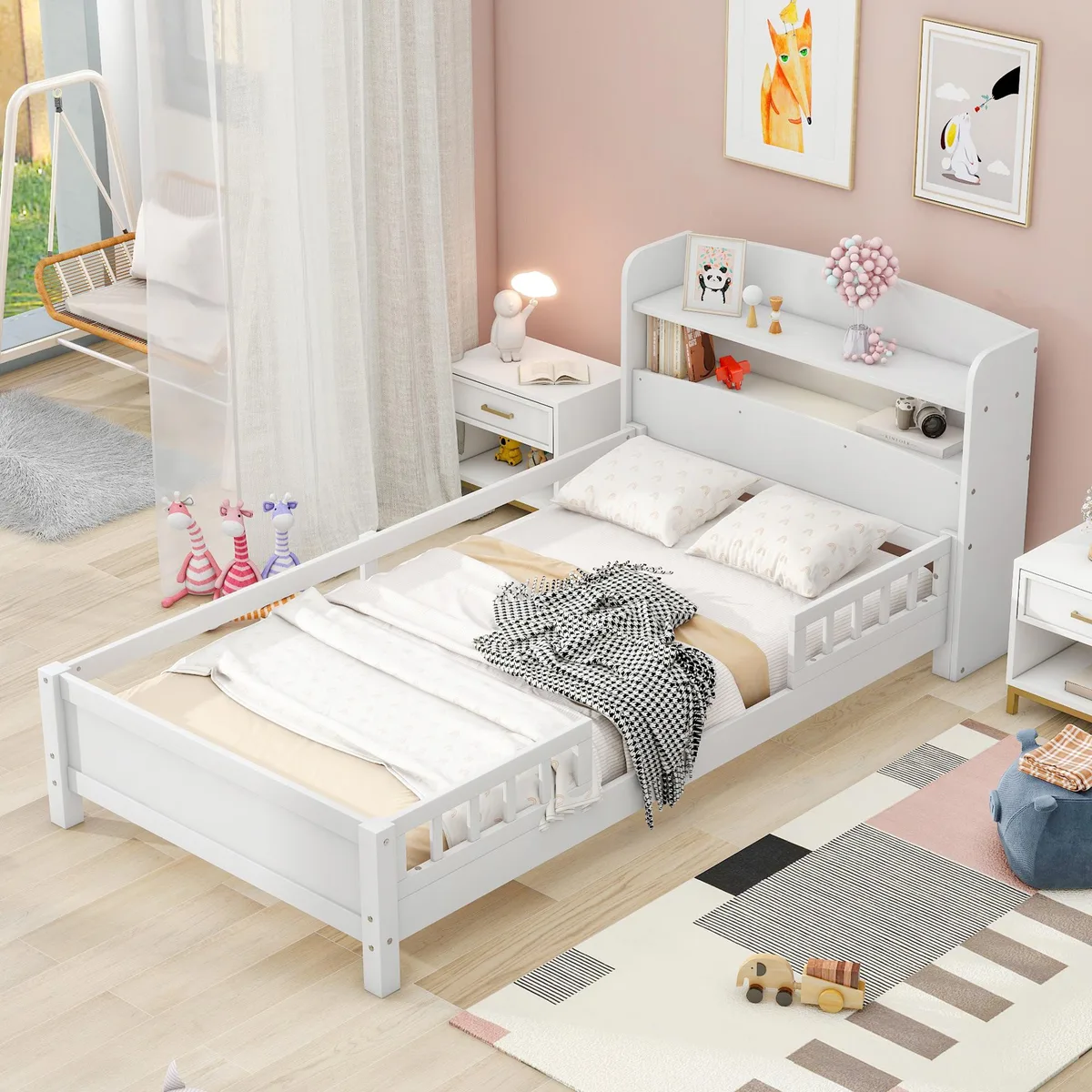 tuphen tuphen Twin Platform Bed with LED Light, Storage Headboard, Guardrail, White — product photo