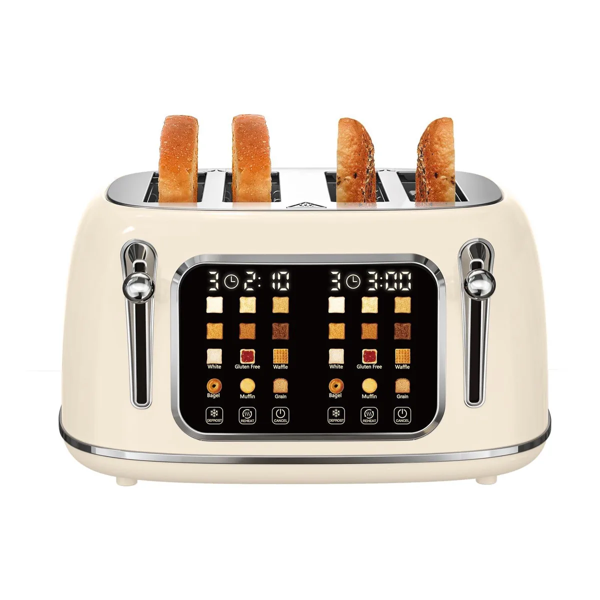 Cream four-slice toaster with dual touchscreen panels and wide slots
