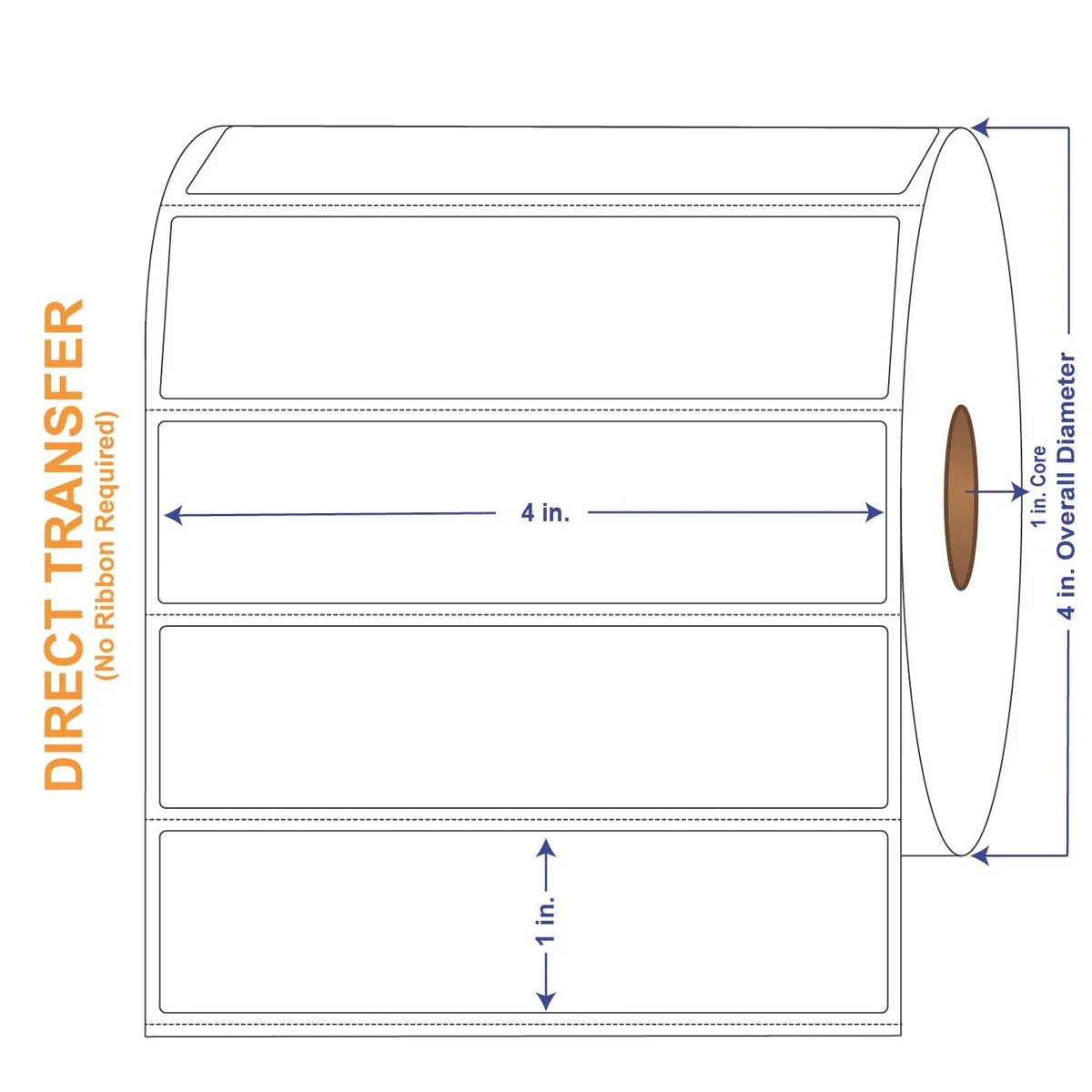 Four rolls of white perforated direct thermal labels on white cores