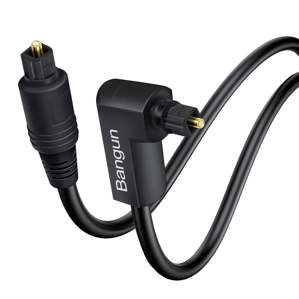 Black 90-degree Toslink optical cable with swivel connectors, 8 ft length