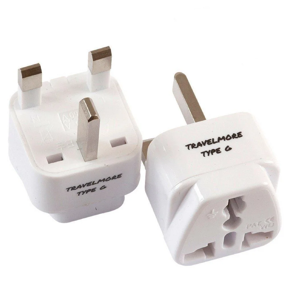 Two white Type G travel adapters in a pack
