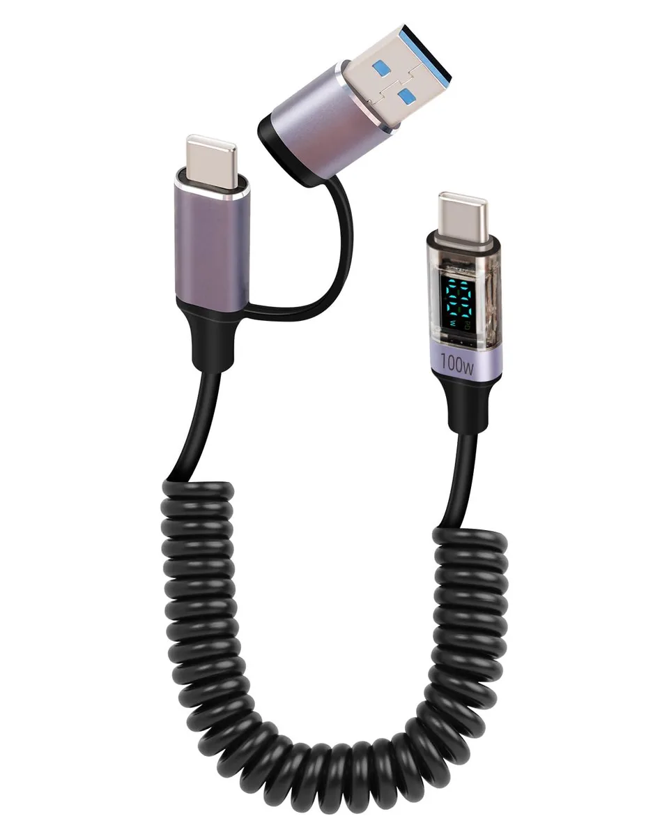 Vszerda Vszerda 100W 2-in-1 USB-A/USB-C Coiled Cable 0.5m/1.2m LED Display — product photo