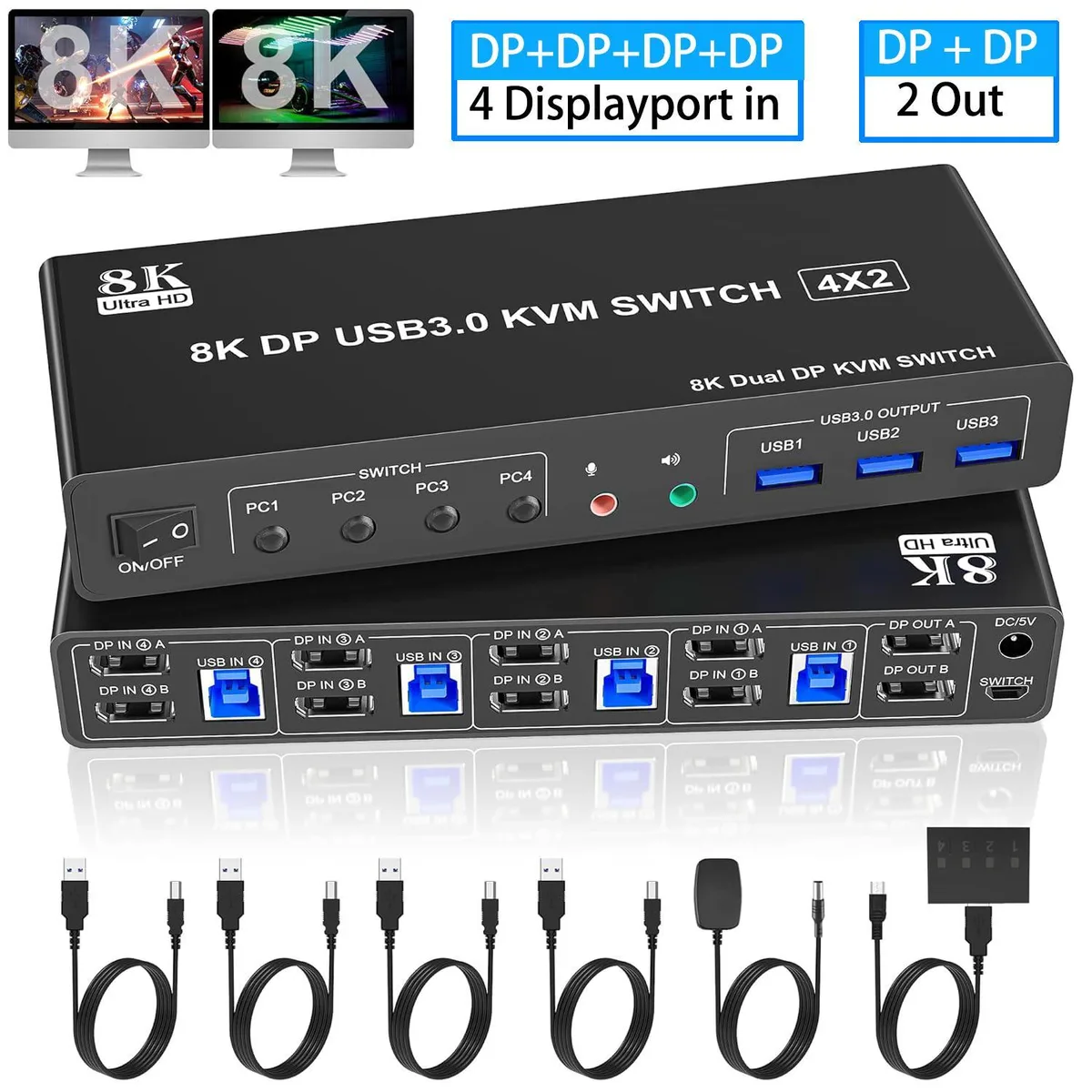 WRIARICH WRIARICH 8K@60Hz 4 Ports DP 1.4 Dual Monitor KVM Switch with USB 3.0 Audio Microphone Out — product photo