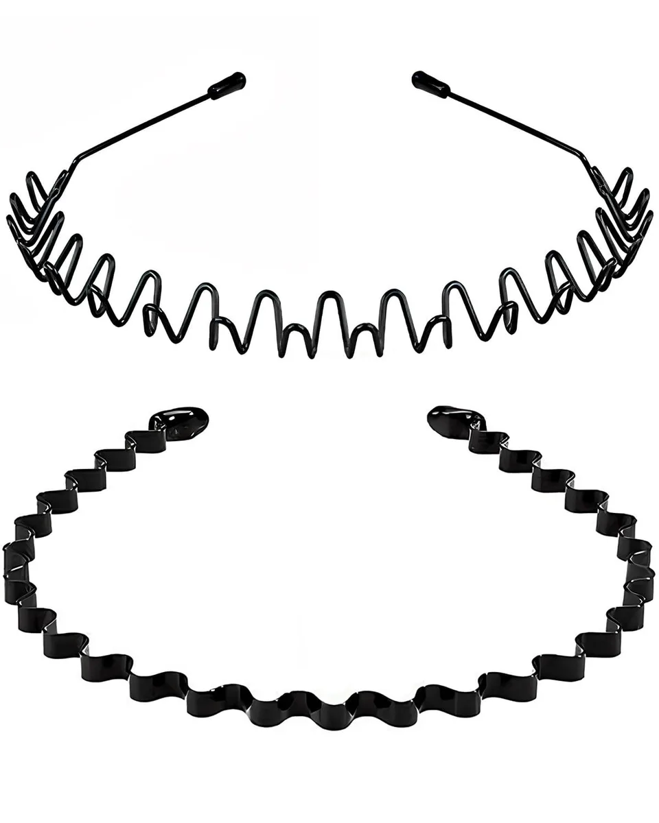 Two black metal hairbands with wave texture and protective end caps