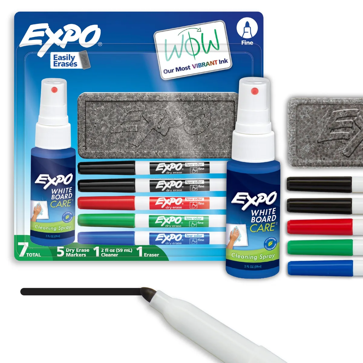 EXPO dry erase marker kit with fine tips, eraser and spray cleaner in assorted Candy Pop colours