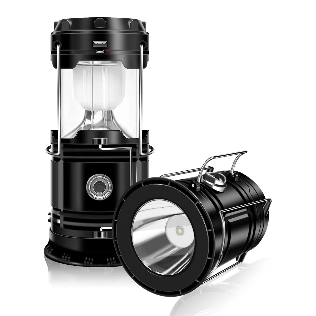 Two black collapsible lanterns with folding hooks, shown extended and collapsed