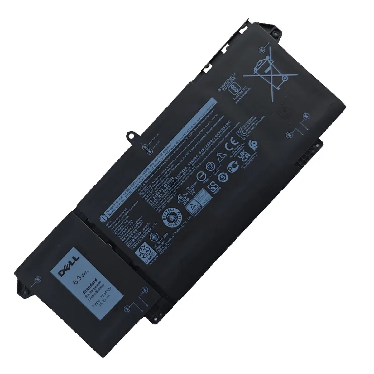 Rectangular black lithium-ion polymer battery pack with Dell branding and connector terminals
