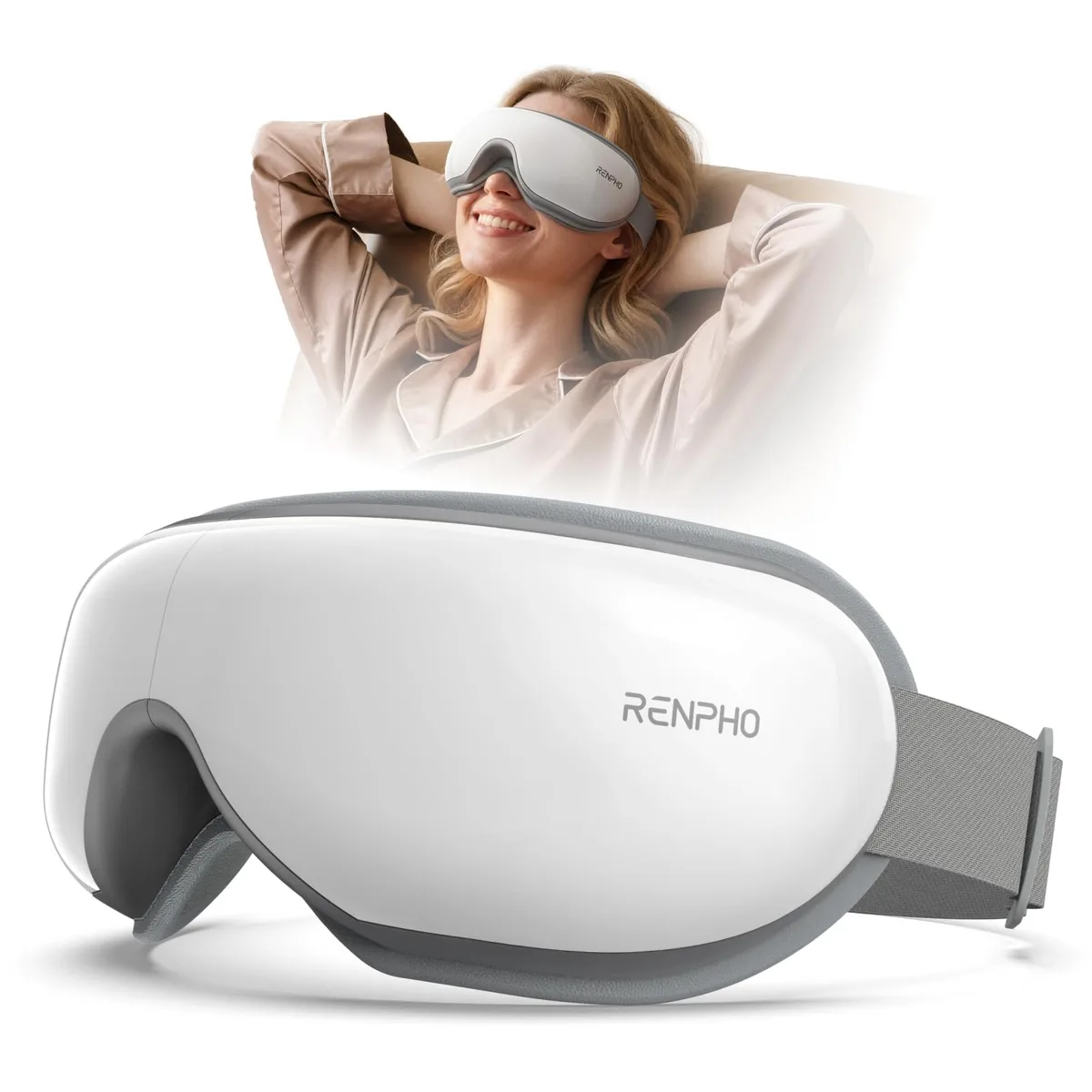 Blue foldable eye massager mask with adjustable headband and soft leather contact surface