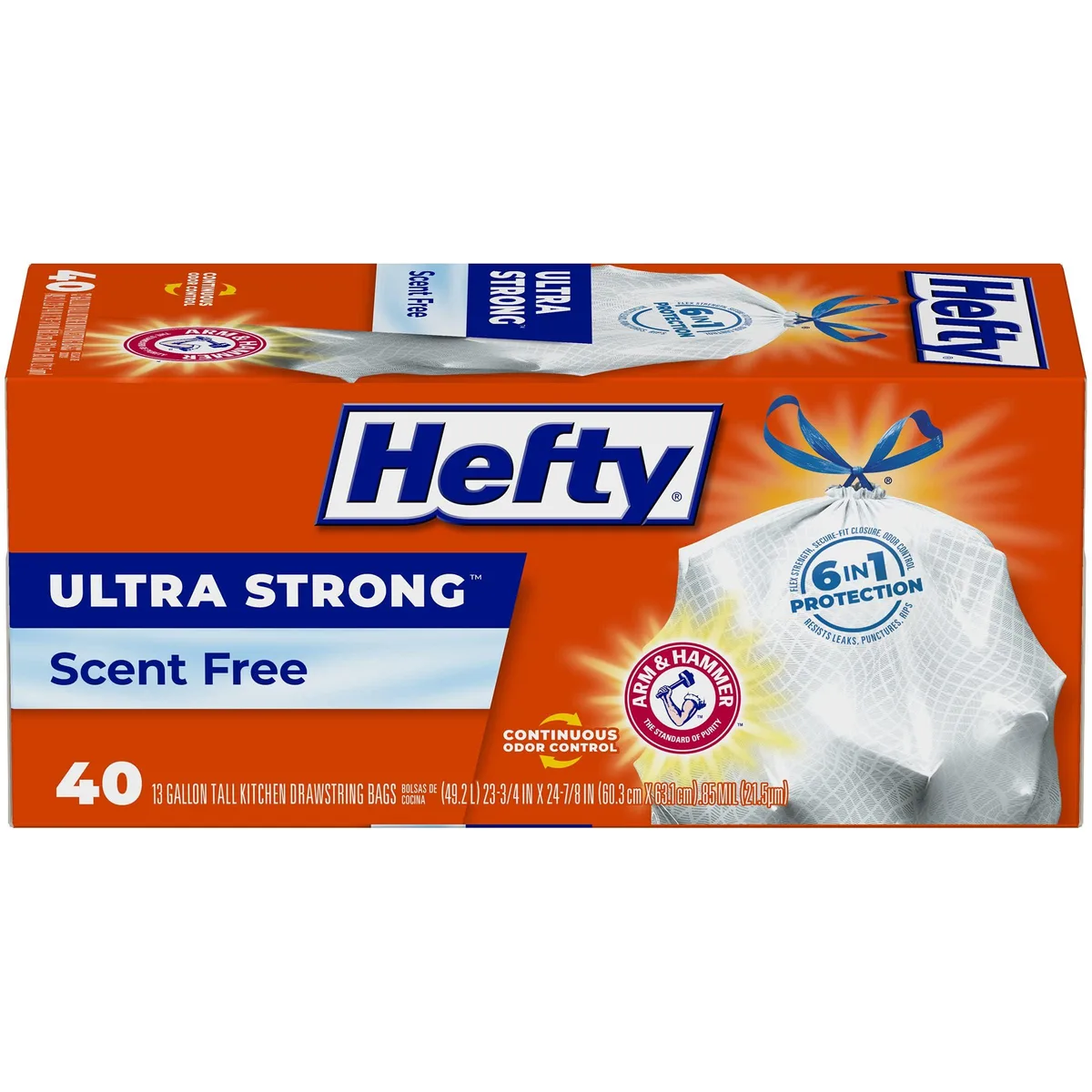 White rectangular box containing 40 unscented 13-gallon drawstring trash bags