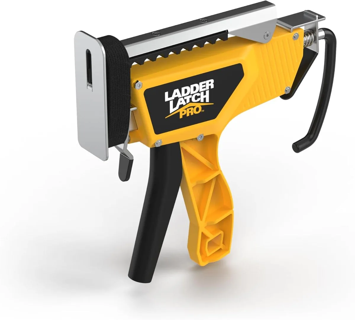 Lightweight metal ladder latch with rubber pads and adjustable clamp