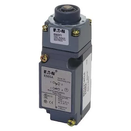 Eaton E50AT1 plunger limit switch in grey metal housing with top actuator and side terminals